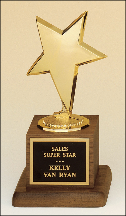 Metal Goldtone Modern Star Casting on a Solid American Walnut Base